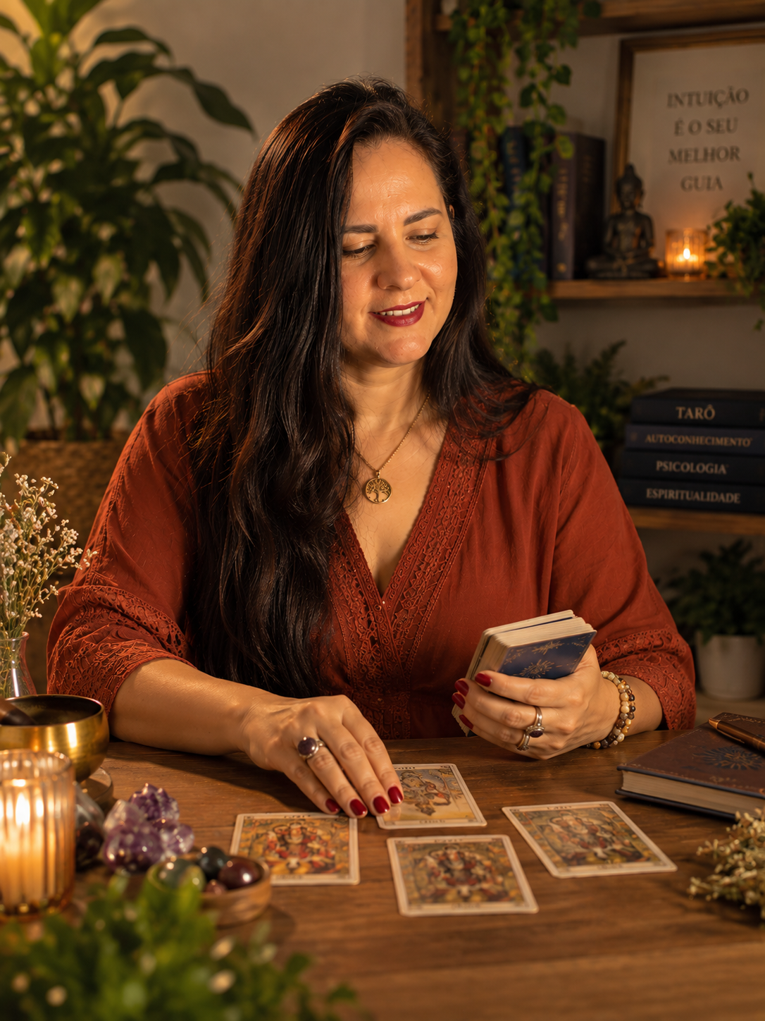 Bruna Machado trabalhando com cartas de Tarô à mesa